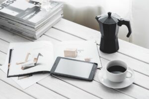 technology, tablet, digital tablet, computer, coffee cup, device, desk, coffee, cup, magazines, leisure